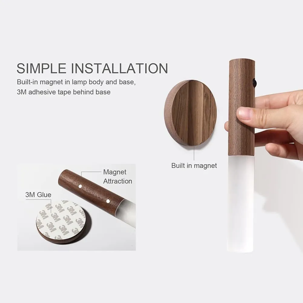 LANDGOO Wooden Motion Sensor Lights Indoor, Magnet Body Hallway Rechargeable LED Wireless Battery Operated Wall Sconce, Portable Decor Torch Night Lighting for Bedroom (Walnut Wood 2PCS)