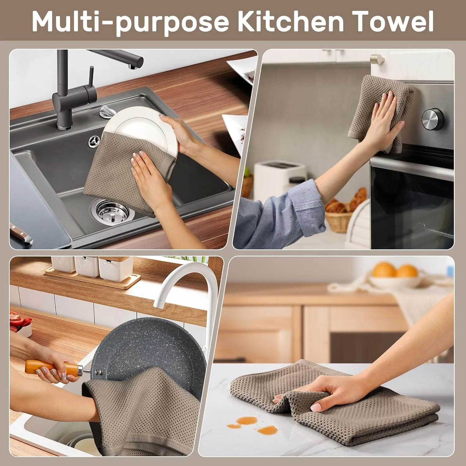 Large Kitchen Hand Towels,Cotton Waffle Weave Dish Towel for Drying, Cleaning Cloth for Kitchen Dishes - Extra Absorbent and Soft - 16 x 28 inch (Brown-4 Pack)