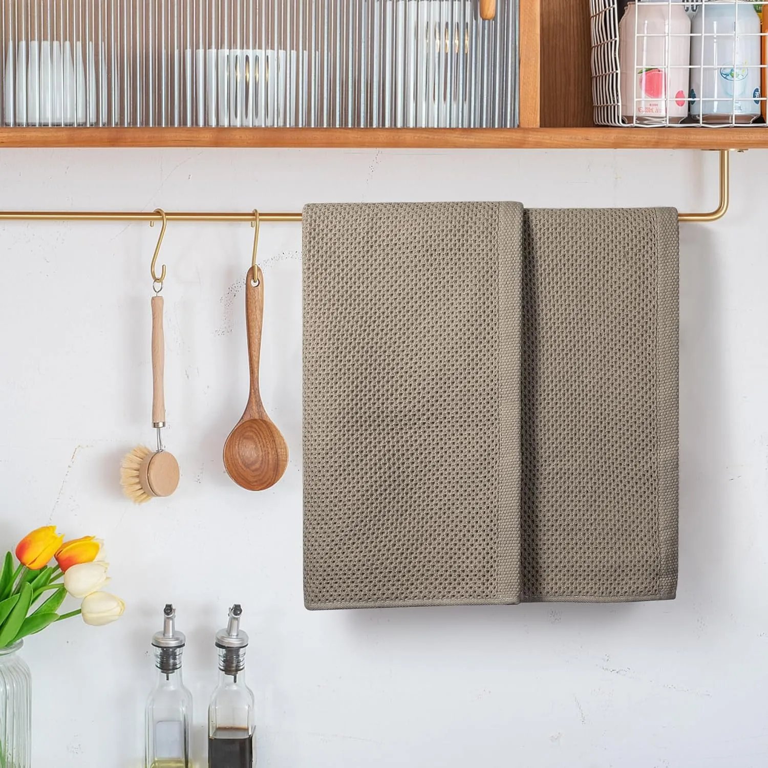 Large Kitchen Hand Towels,Cotton Waffle Weave Dish Towel for Drying, Cleaning Cloth for Kitchen Dishes - Extra Absorbent and Soft - 16 x 28 inch (Brown-4 Pack)