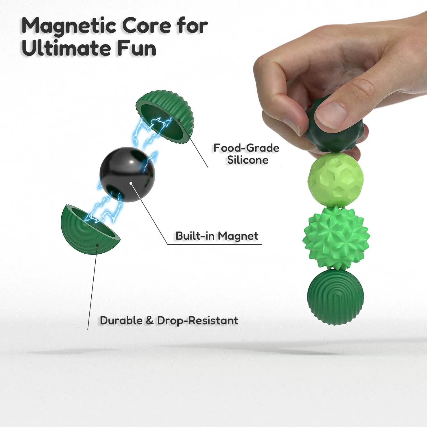 Large Magnetic Sensory Fidget Ball Toy, 8Pcs Silicone Sensory Stress Relief Toys for Adults, Teens with Autism, ADHD, Anxiety, Stocking Stuffers for Women Men Teen Gift (Green, Large)