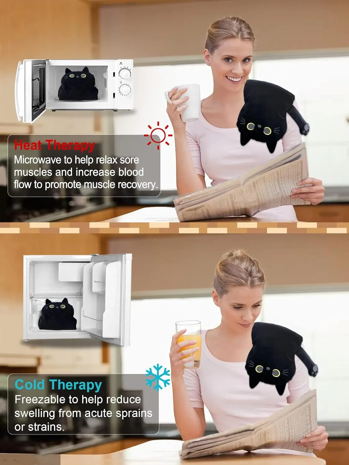 Large Microwave Heating Pad with Washable Cover 21 * 12" Microwavable Heating Pads for Cramps, Back, Neck Shoulder Pain Relief, Cordless Weighted Moist Heat Pack, Black Cat