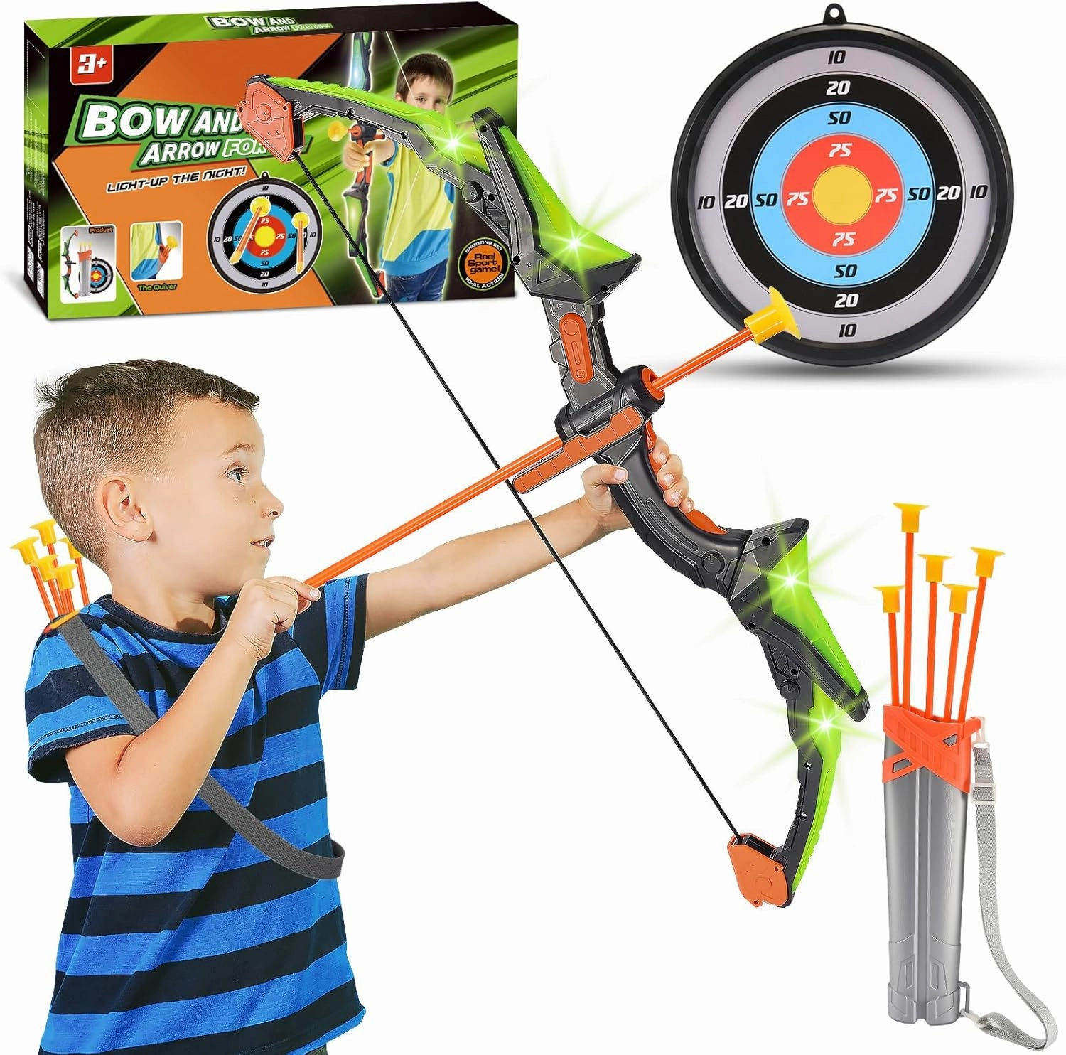 LED Light-Up Bow & Arrow Set for Kids - Outdoor Archery Game with Target, Bows & 5 Suction Arrows | STEM Toys for Kids Ages 4-12, Birthday for Boys Girls Indoor Outdoor Toys