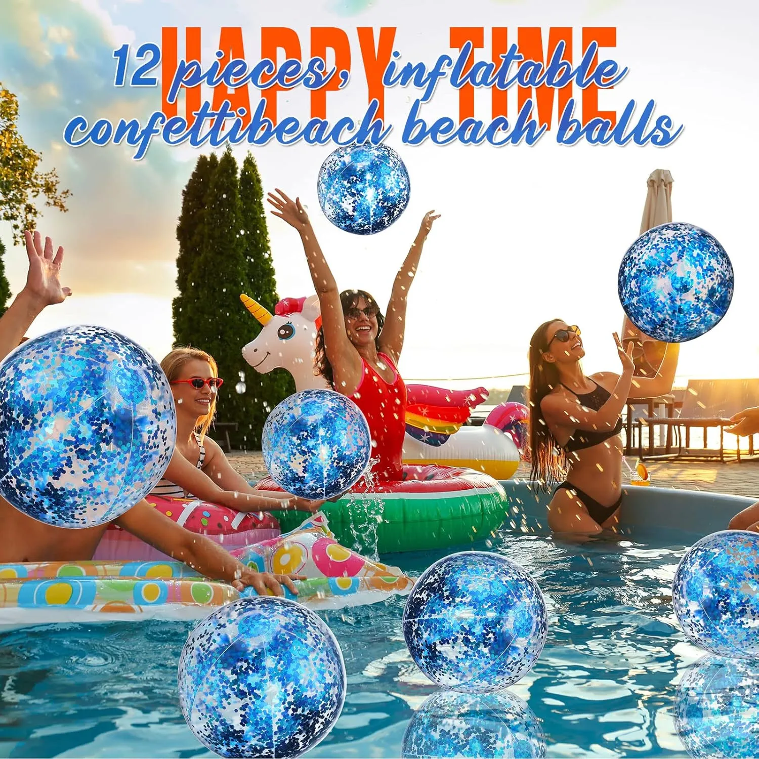 Lewtemi 12 Pcs 24 Inch 16 Inch Inflatable Glitter Beach Balls Clear Confetti Swimming Jumbo Pool Balls for Outdoor Pool Party Decorations Summer Favors(Blue)