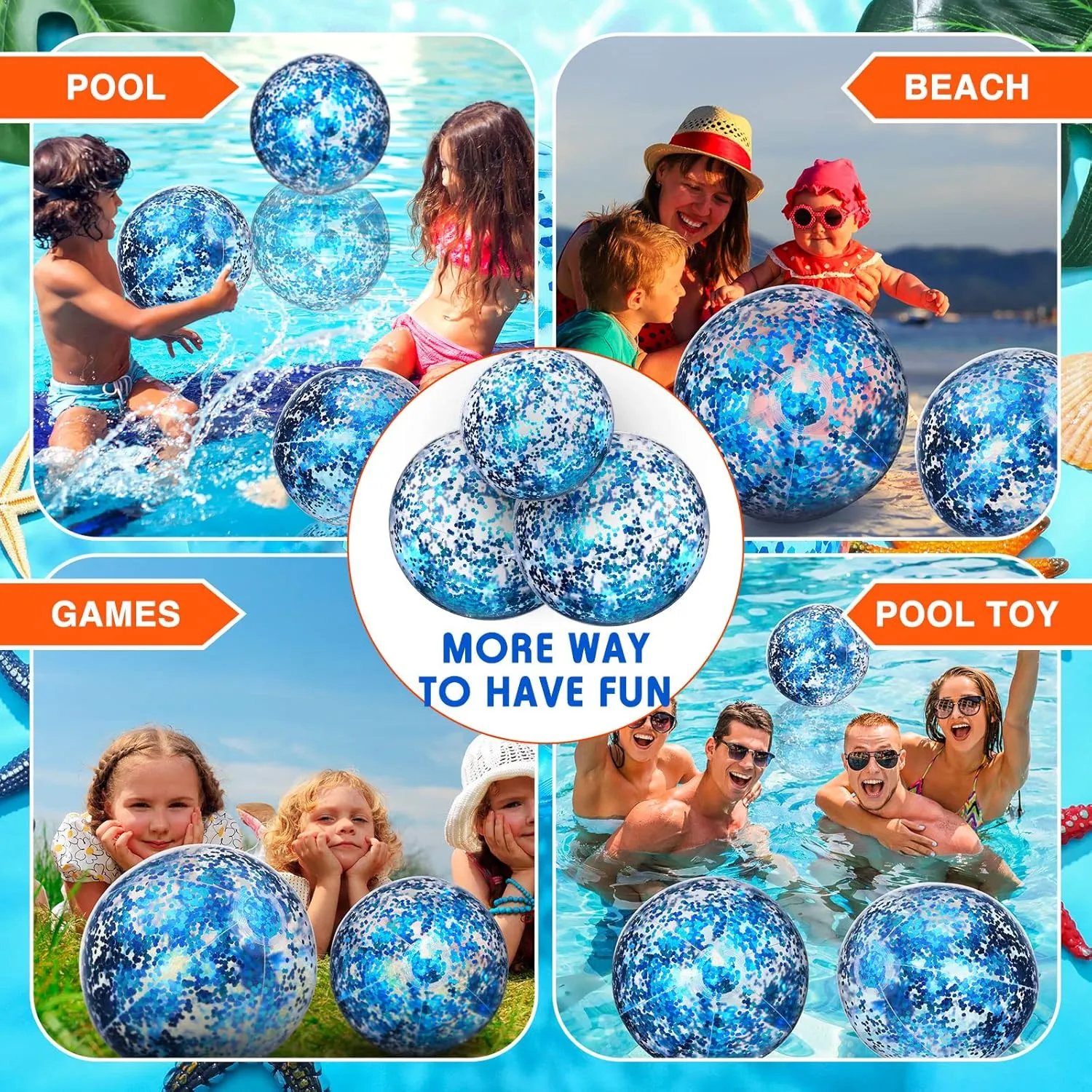 Lewtemi 12 Pcs 24 Inch 16 Inch Inflatable Glitter Beach Balls Clear Confetti Swimming Jumbo Pool Balls for Outdoor Pool Party Decorations Summer Favors(Blue)
