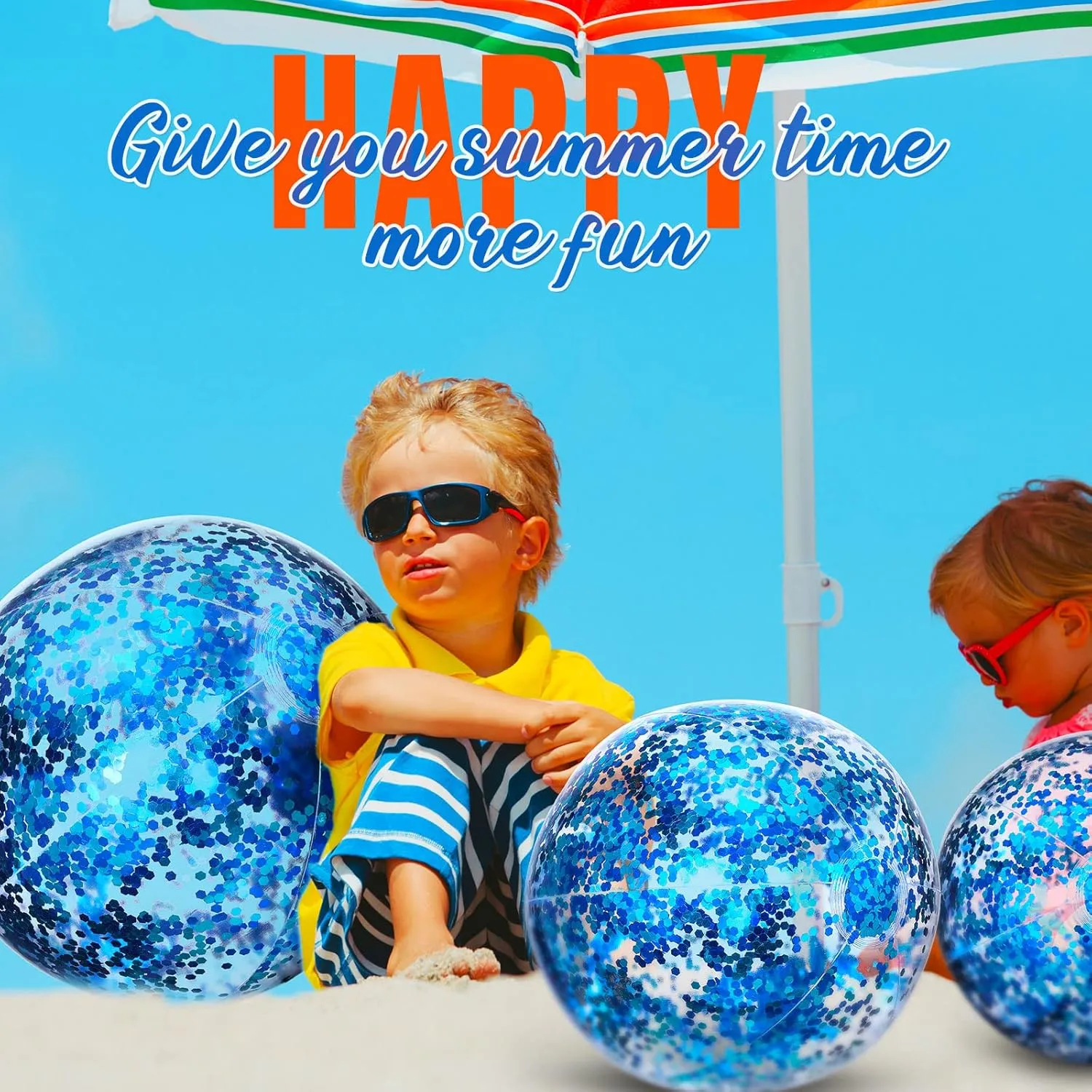 Lewtemi 12 Pcs 24 Inch 16 Inch Inflatable Glitter Beach Balls Clear Confetti Swimming Jumbo Pool Balls for Outdoor Pool Party Decorations Summer Favors(Blue)