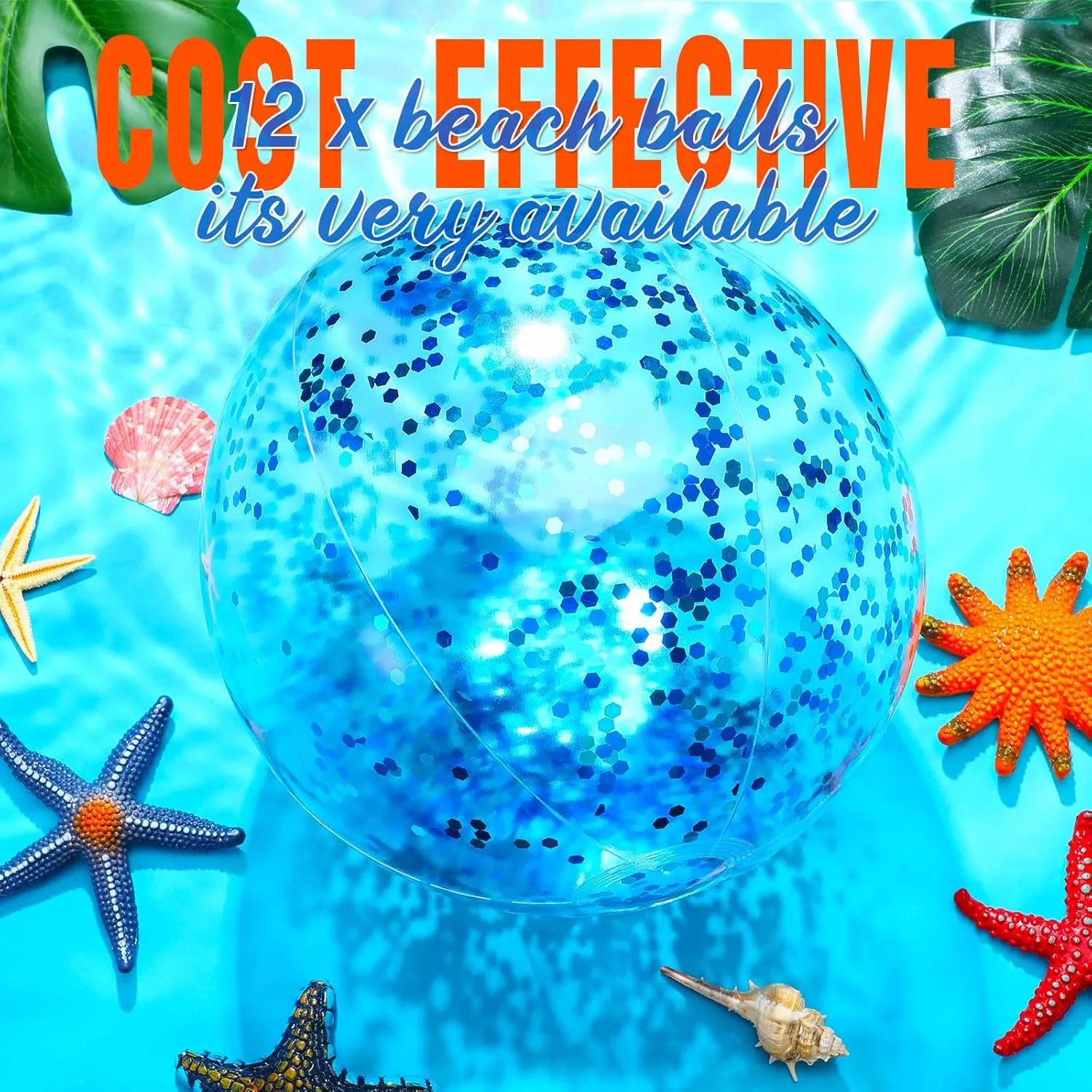 Lewtemi 12 Pcs 24 Inch 16 Inch Inflatable Glitter Beach Balls Clear Confetti Swimming Jumbo Pool Balls for Outdoor Pool Party Decorations Summer Favors(Blue)