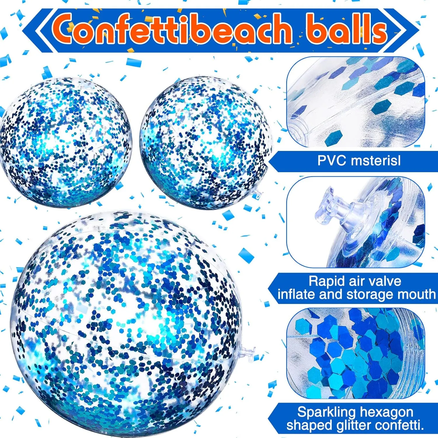 Lewtemi 12 Pcs 24 Inch 16 Inch Inflatable Glitter Beach Balls Clear Confetti Swimming Jumbo Pool Balls for Outdoor Pool Party Decorations Summer Favors(Blue)