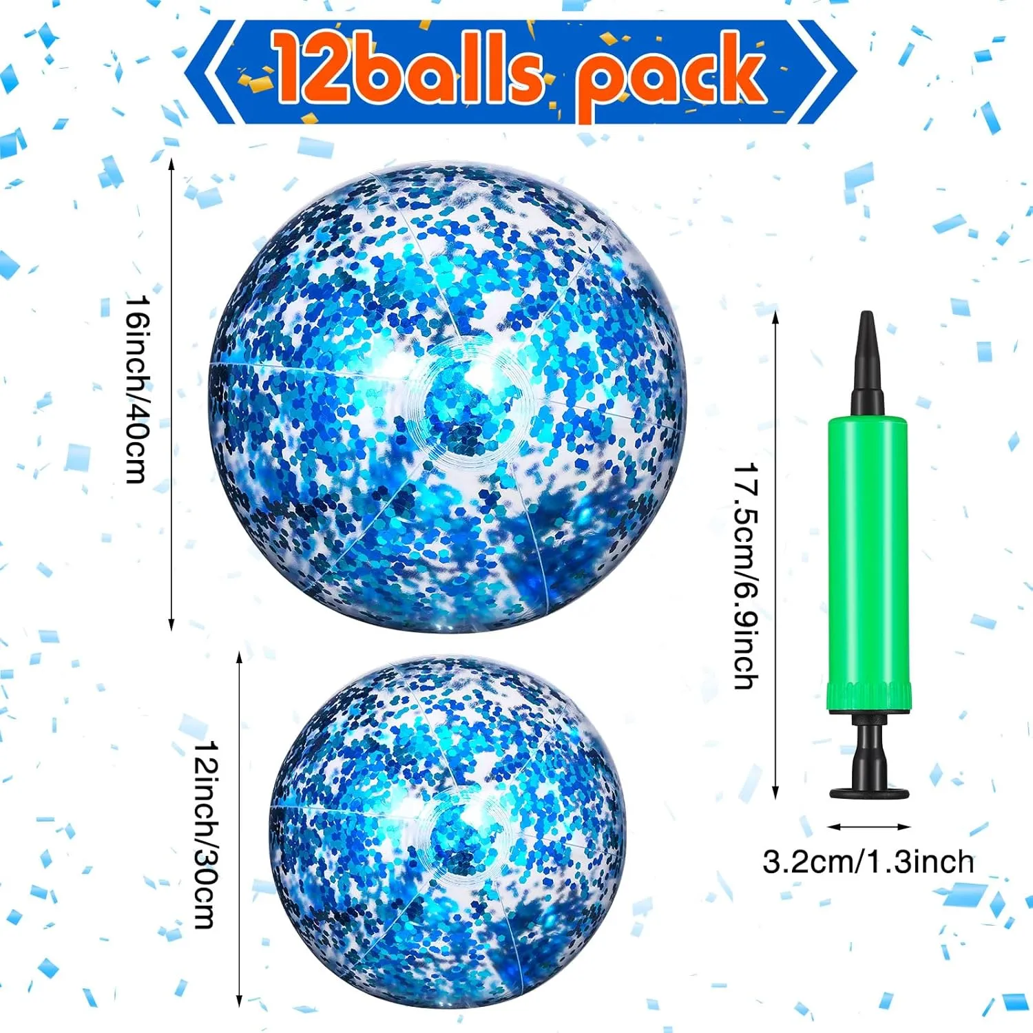 Lewtemi 12 Pcs 24 Inch 16 Inch Inflatable Glitter Beach Balls Clear Confetti Swimming Jumbo Pool Balls for Outdoor Pool Party Decorations Summer Favors(Blue)