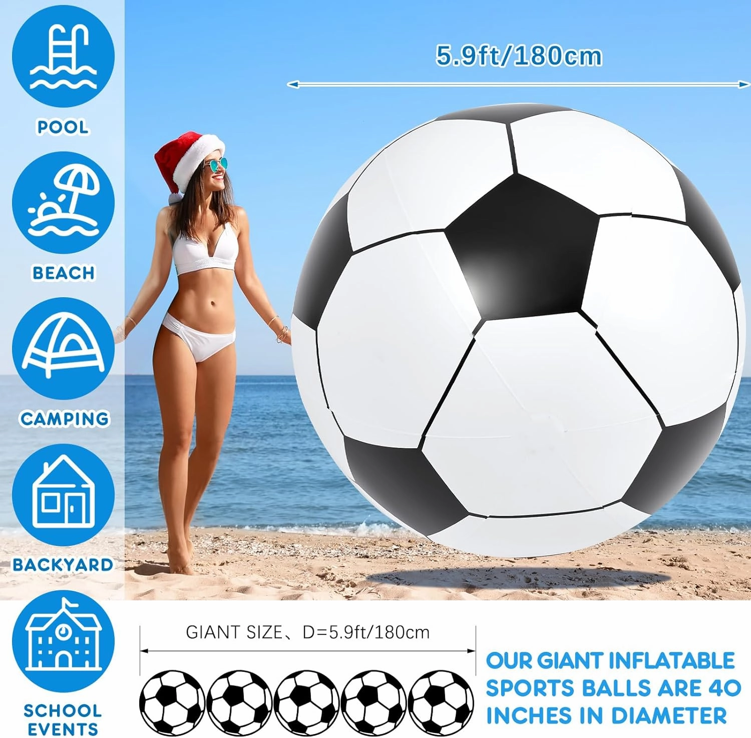 Lewtemi Big Inflatable Giant Soccer Ball Large Inflatable Sport Ball Oversized Football for Outdoor Game Pool Decoration Toys