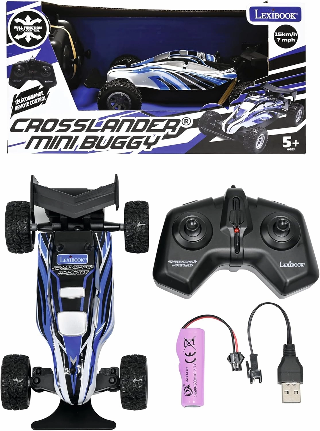 Lexibook, Crosslander® Mini Buggy Radio Controlled Buggy Speed Up to 15KM/H Front & Rear Bumpers Rechargeable, Blue, RC17