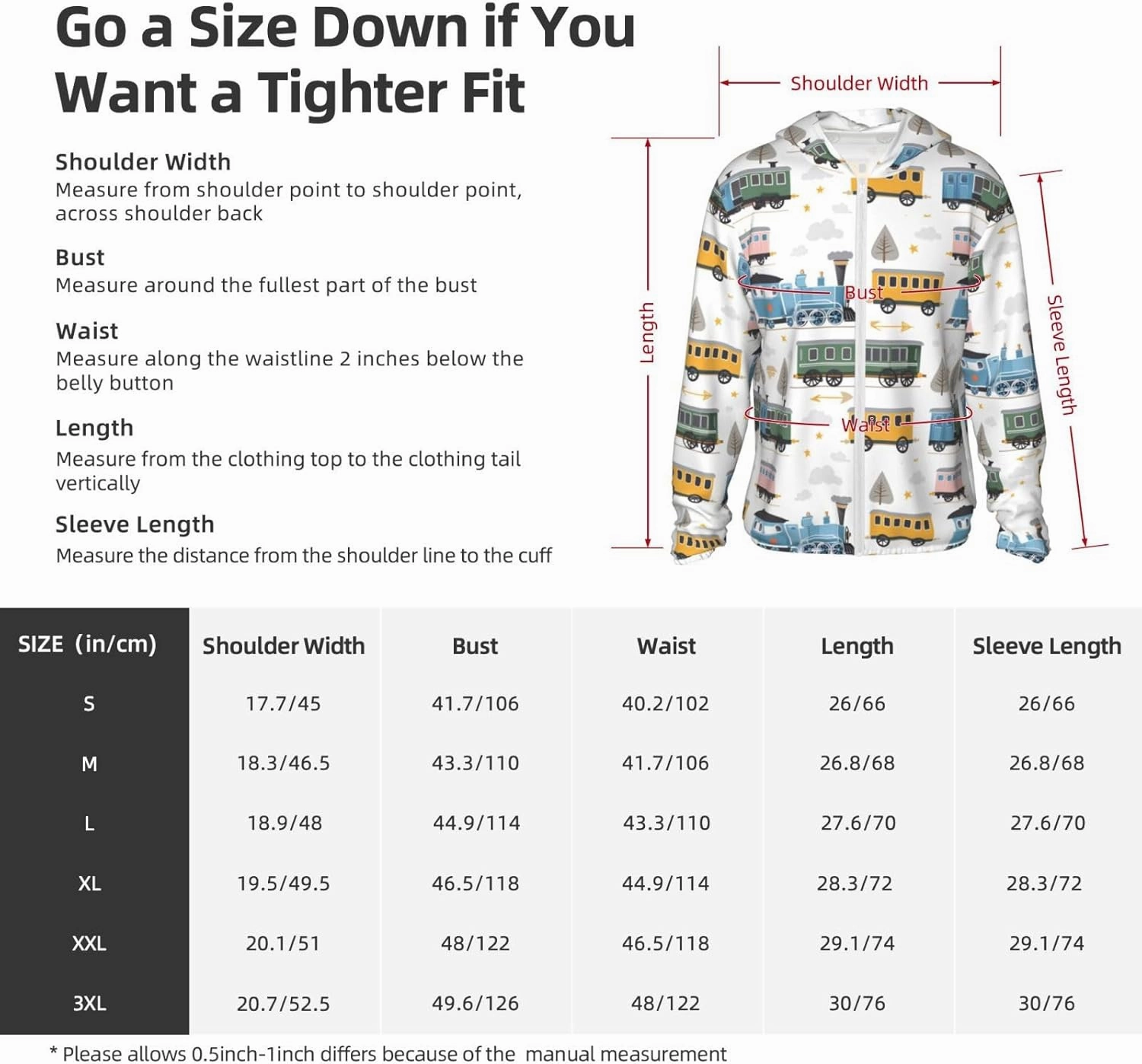 Lightweight UV Protection Sun Jacket, Playful Colorful Train Print Sportswear Hooded Sunblock Shirt for Outdoor