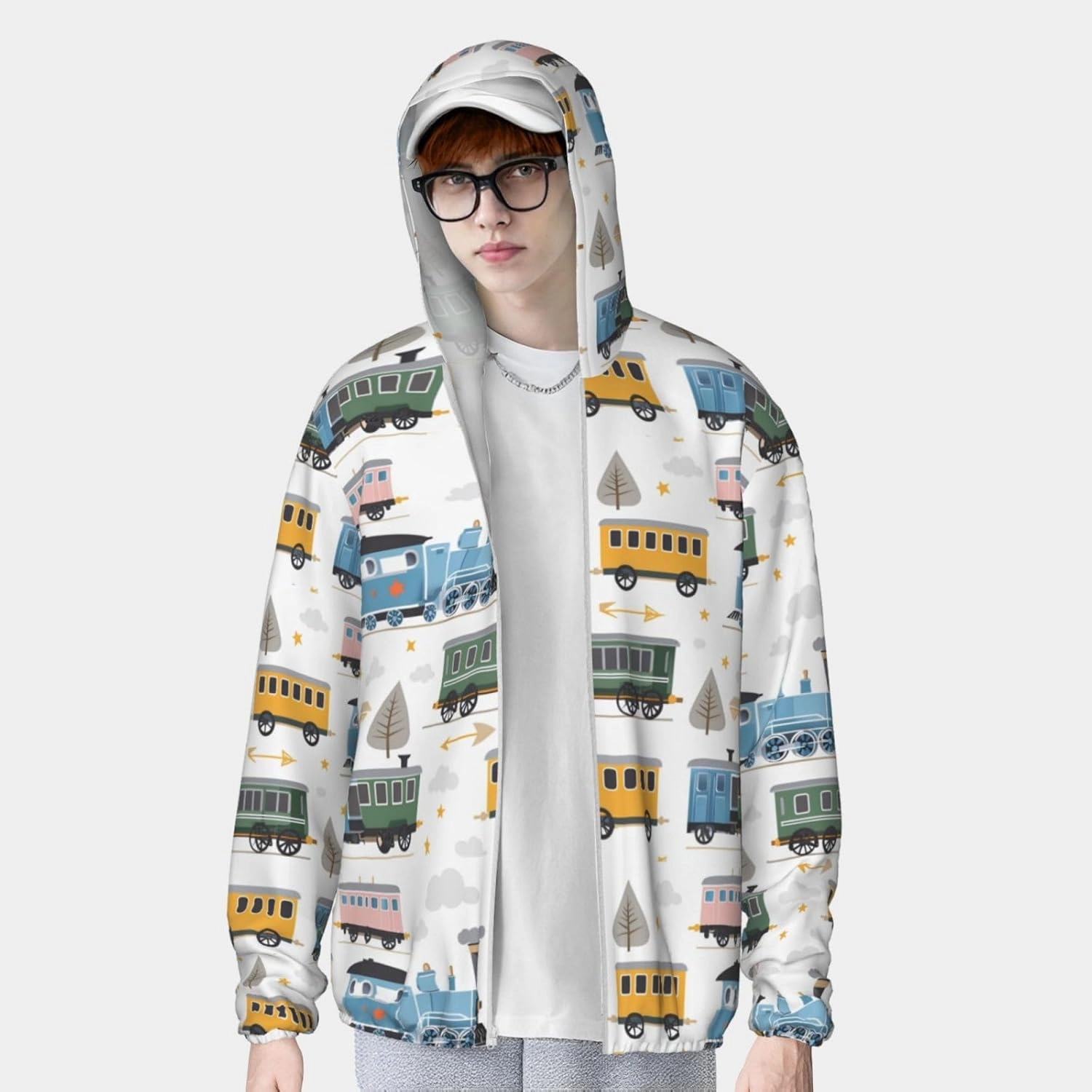 Lightweight UV Protection Sun Jacket, Playful Colorful Train Print Sportswear Hooded Sunblock Shirt for Outdoor
