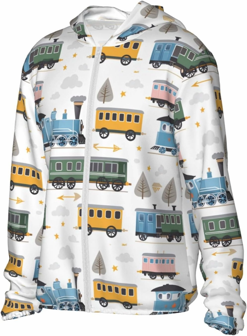 Lightweight UV Protection Sun Jacket, Playful Colorful Train Print Sportswear Hooded Sunblock Shirt for Outdoor