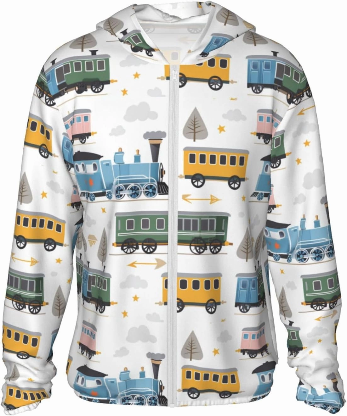 Lightweight UV Protection Sun Jacket, Playful Colorful Train Print Sportswear Hooded Sunblock Shirt for Outdoor