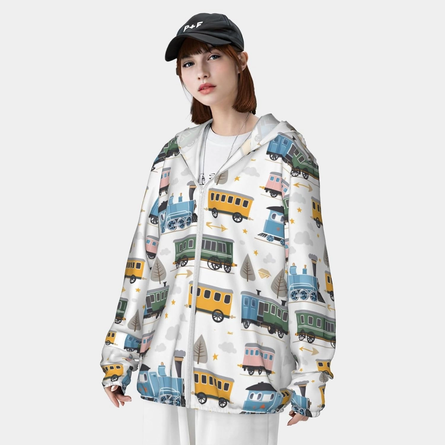 Lightweight UV Protection Sun Jacket, Playful Colorful Train Print Sportswear Hooded Sunblock Shirt for Outdoor