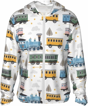 Lightweight UV Protection Sun Jacket, Playful Colorful Train Print Sportswear Hooded Sunblock Shirt for Outdoor