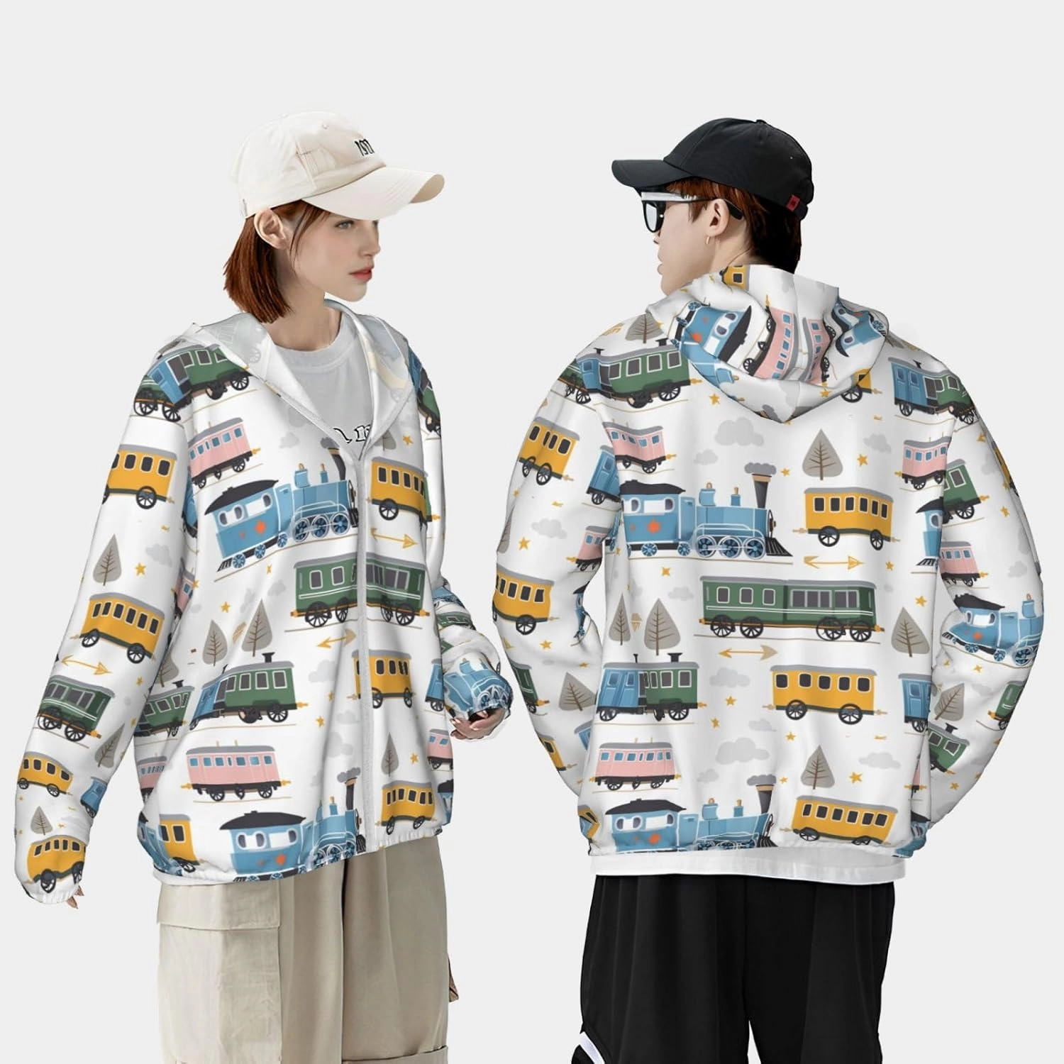 Lightweight UV Protection Sun Jacket, Playful Colorful Train Print Sportswear Hooded Sunblock Shirt for Outdoor