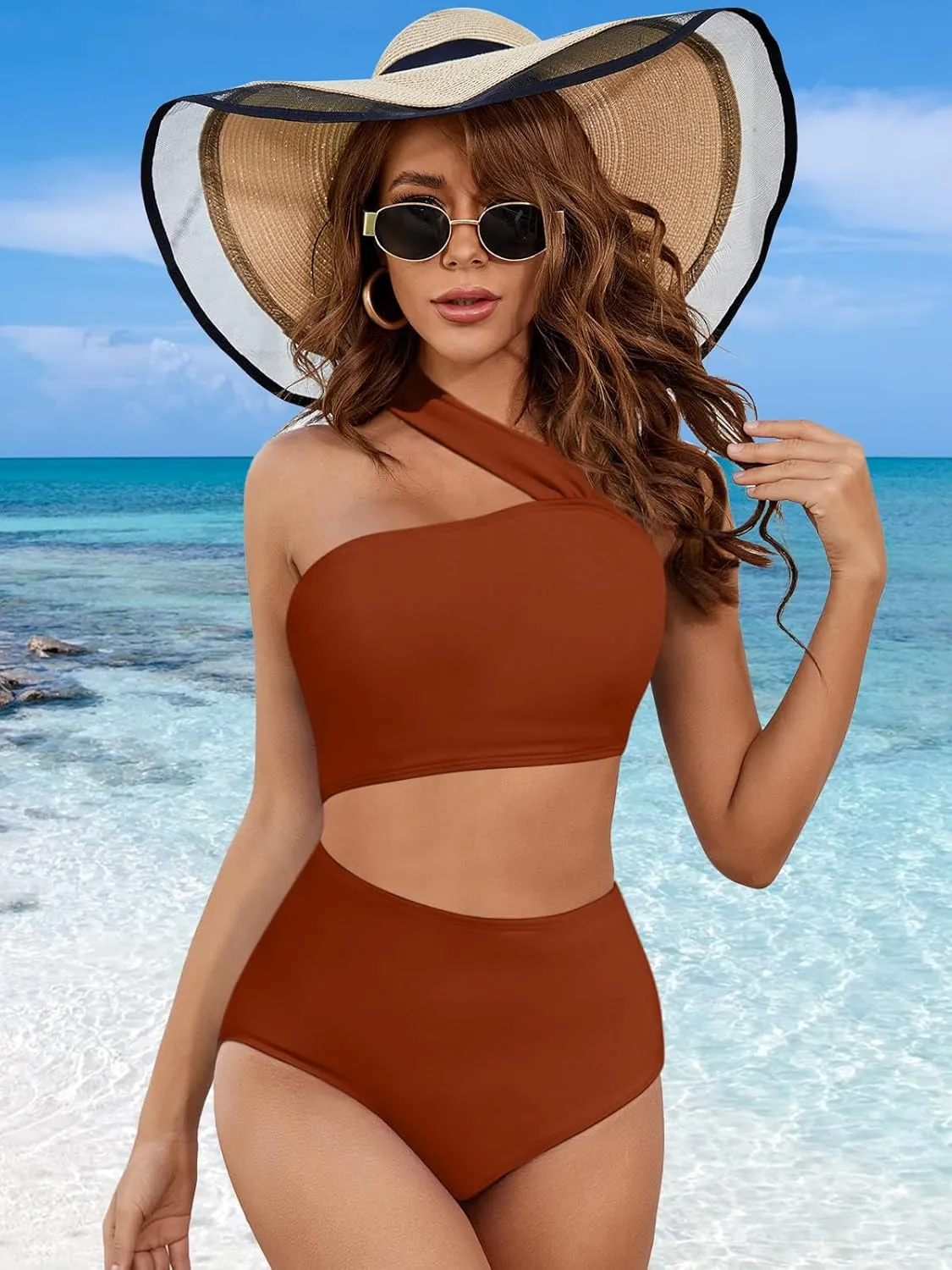 Lilosy Cute Cutout High Waist One Shoulder Piece Swimsuit Bikini Bathing Suit