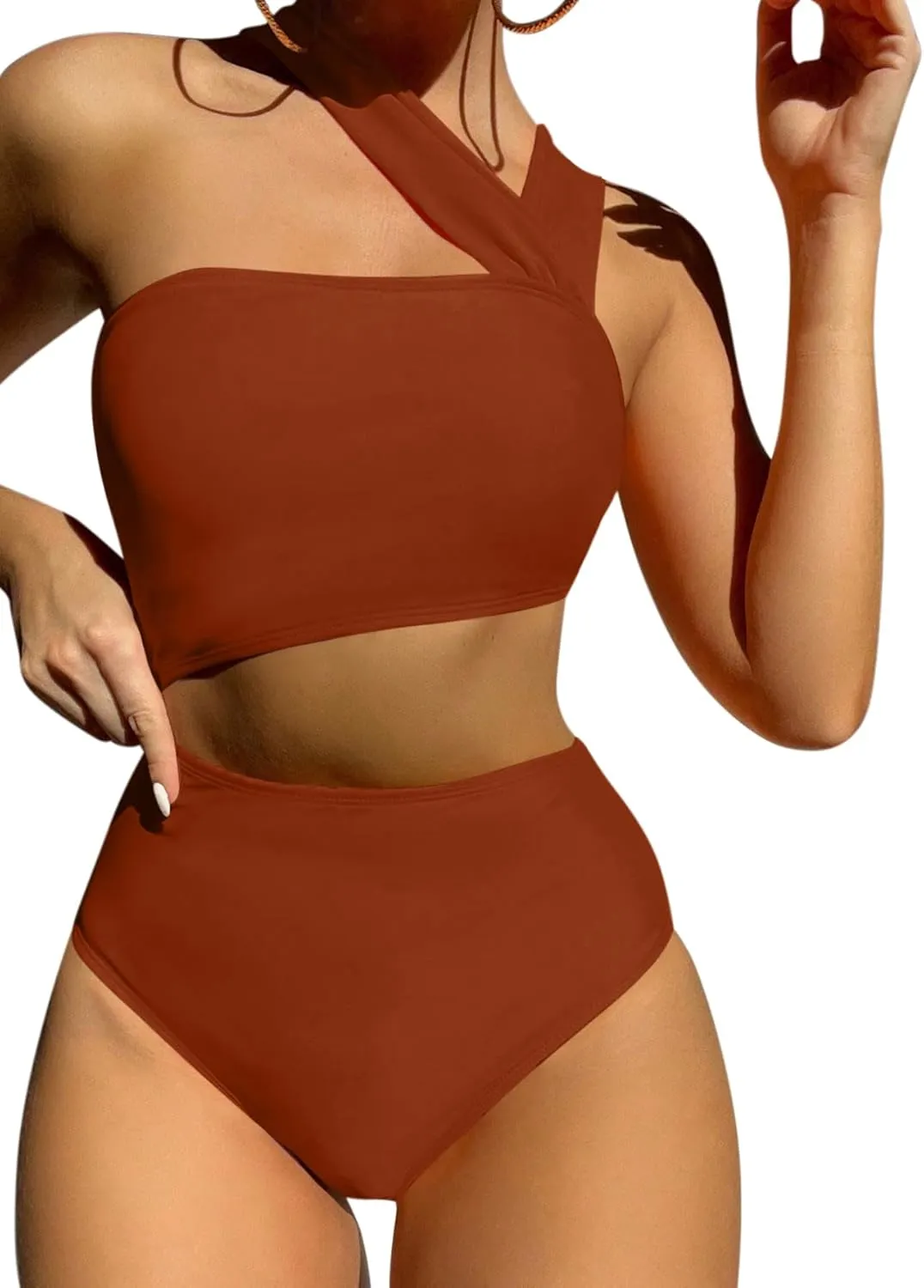 Lilosy Cute Cutout High Waist One Shoulder Piece Swimsuit Bikini Bathing Suit