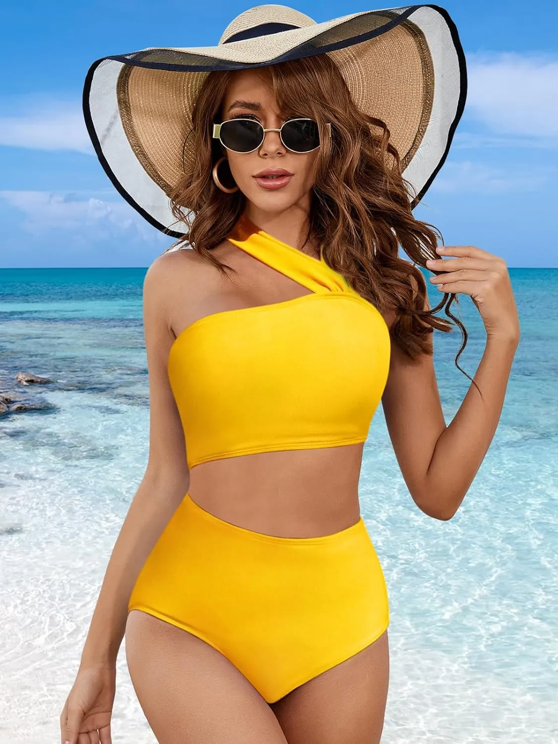 Lilosy Cute Cutout High Waist One Shoulder Piece Swimsuit Bikini Bathing Suit