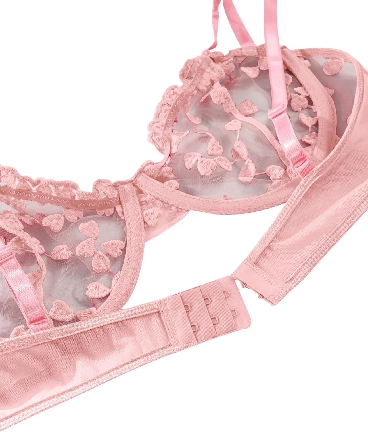 Lilosy Sexy Underwire Cute Push Up Strappy Embroidered Mesh Sheer Lingerie Set See Through Panty Bra