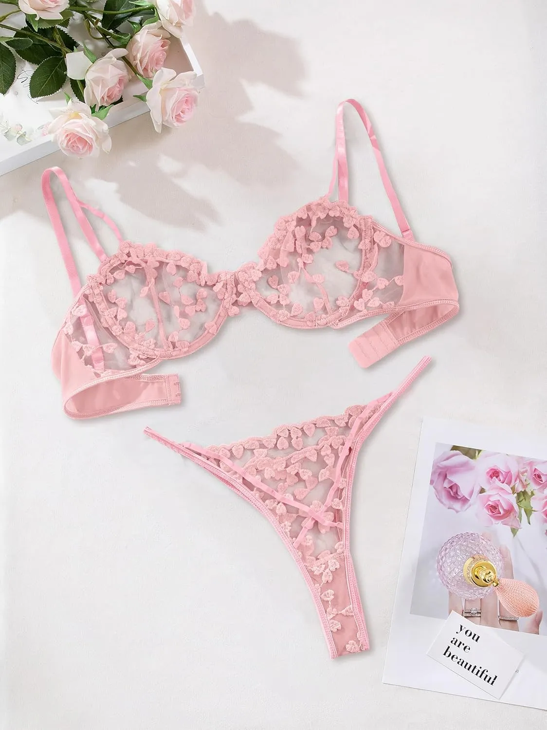 Lilosy Sexy Underwire Cute Push Up Strappy Embroidered Mesh Sheer Lingerie Set See Through Panty Bra
