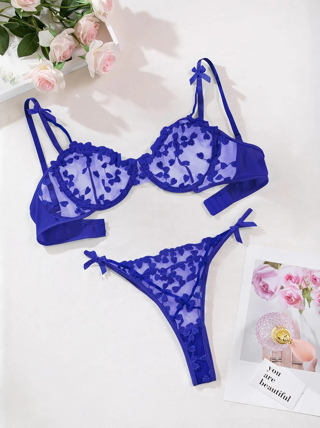 Lilosy Sexy Underwire Cute Push Up Strappy Embroidered Mesh Sheer Lingerie Set See Through Panty Bra