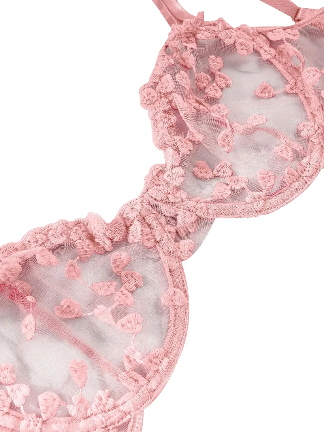 Lilosy Sexy Underwire Cute Push Up Strappy Embroidered Mesh Sheer Lingerie Set See Through Panty Bra