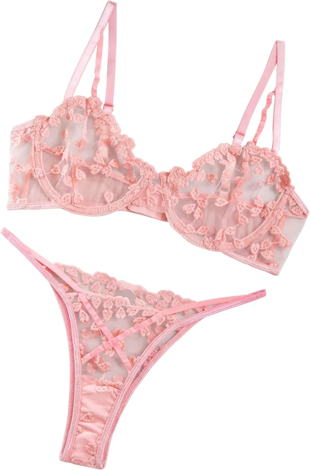 Lilosy Sexy Underwire Cute Push Up Strappy Embroidered Mesh Sheer Lingerie Set See Through Panty Bra