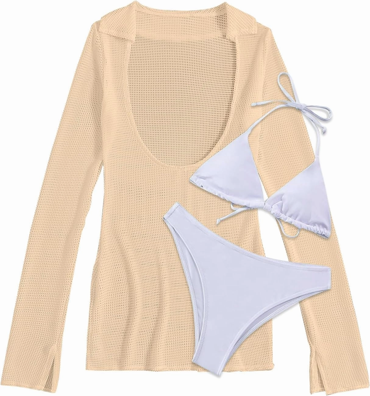 Lilosy Sexy Long Sleeve Mesh Swimsuit 3 Pieces Cover Up Bikini Set