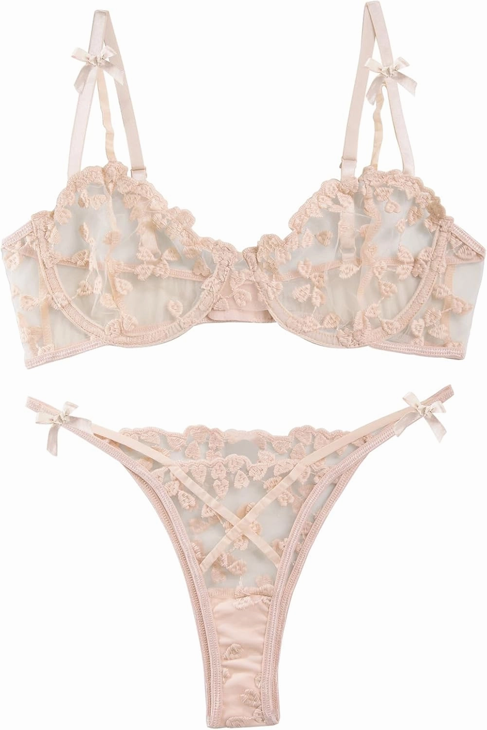 Lilosy Sexy Underwire Cute Push Up Strappy Embroidered Mesh Sheer Lingerie Set See Through Panty Bra