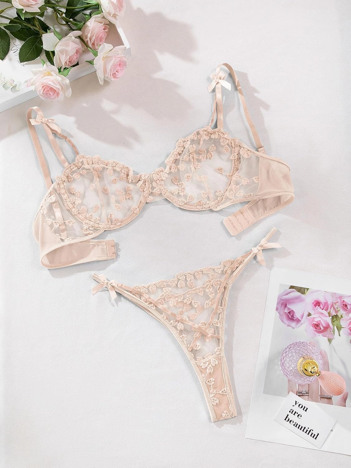 Lilosy Sexy Underwire Cute Push Up Strappy Embroidered Mesh Sheer Lingerie Set See Through Panty Bra