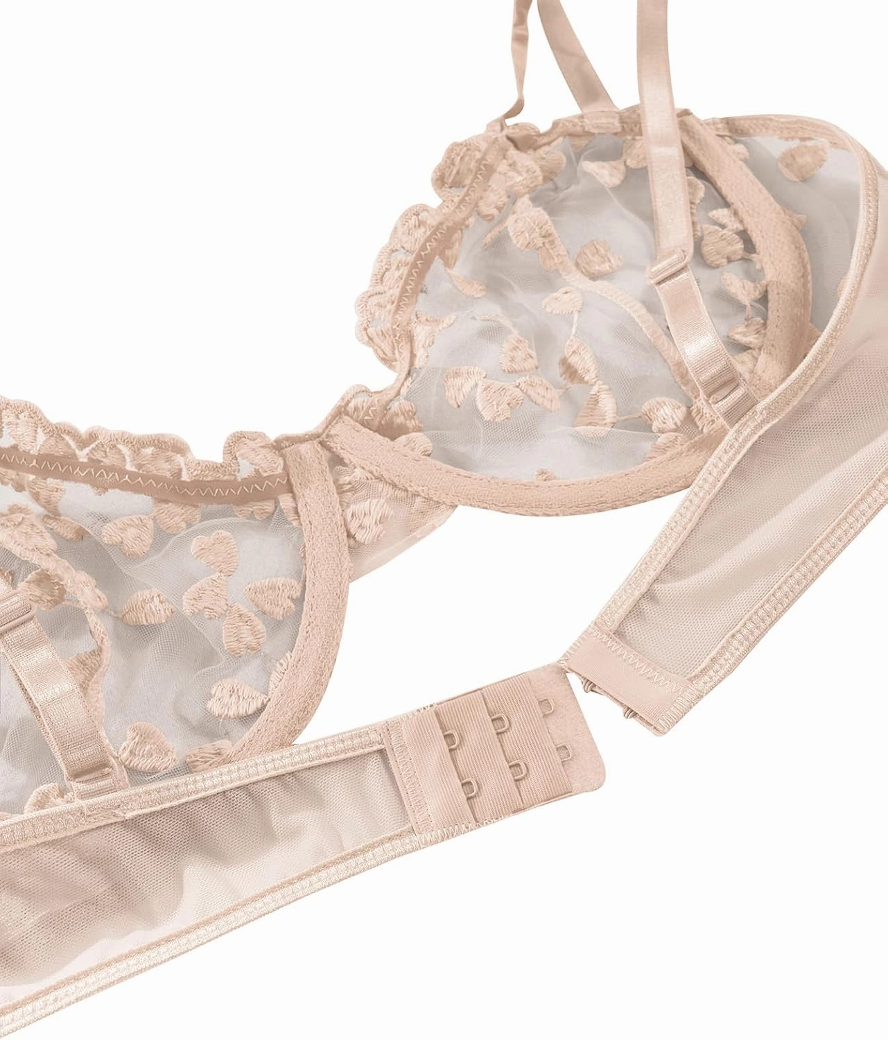 Lilosy Sexy Underwire Cute Push Up Strappy Embroidered Mesh Sheer Lingerie Set See Through Panty Bra