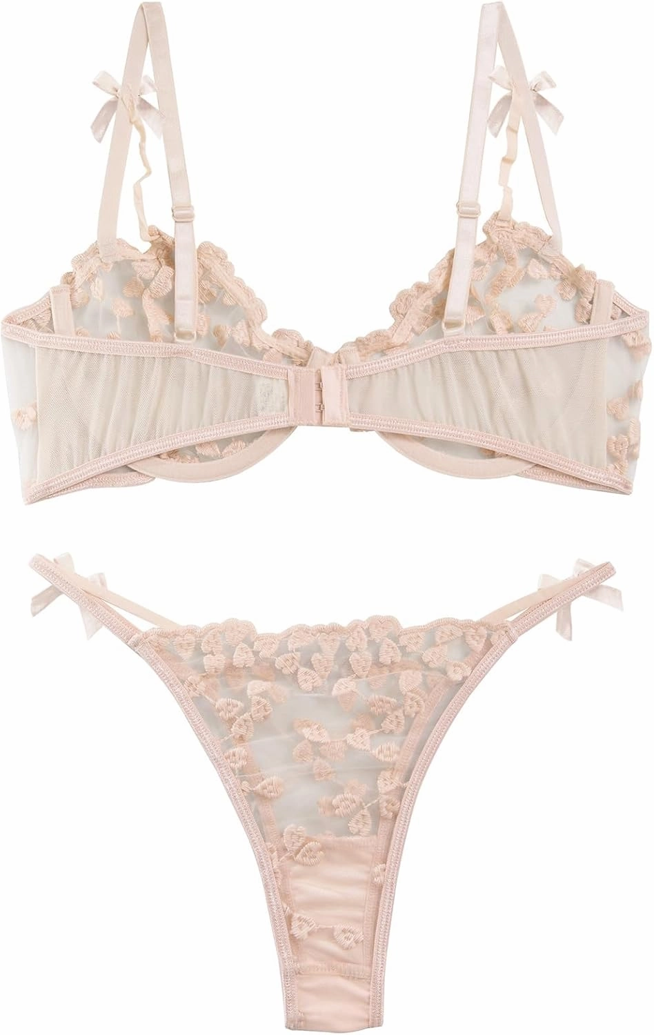 Lilosy Sexy Underwire Cute Push Up Strappy Embroidered Mesh Sheer Lingerie Set See Through Panty Bra