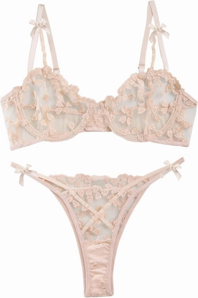 Lilosy Sexy Underwire Cute Push Up Strappy Embroidered Mesh Sheer Lingerie Set See Through Panty Bra