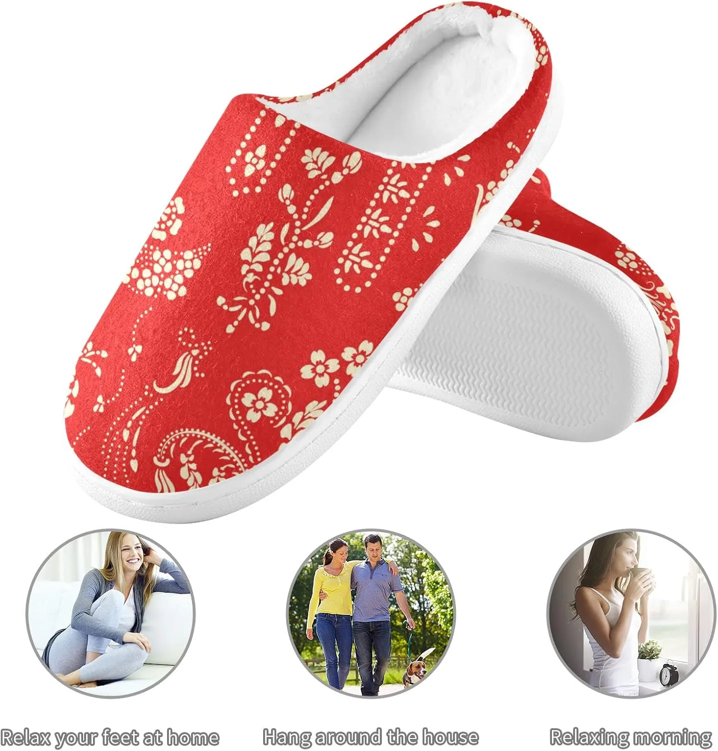 linqin Allover Geometrical Border Paisley Pattern Womens Mens Cozy Fuzzy Slippers, Soft Warm Lightweight Memory Foam Anti-Slip House Indoor Outdoor Slippers