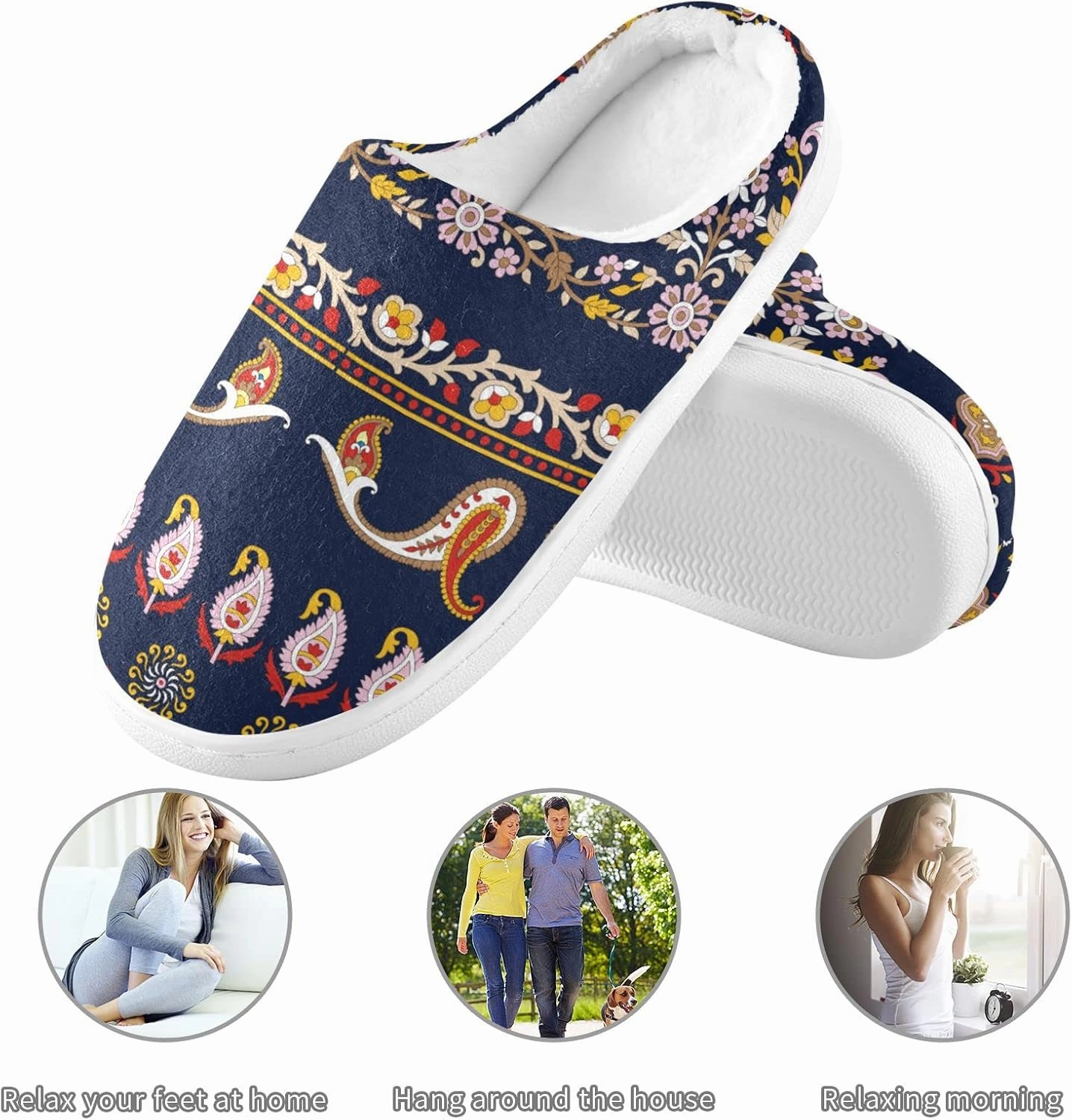 linqin Allover Geometrical Border Paisley Pattern Womens Mens Cozy Fuzzy Slippers, Soft Warm Lightweight Memory Foam Anti-Slip House Indoor Outdoor Slippers
