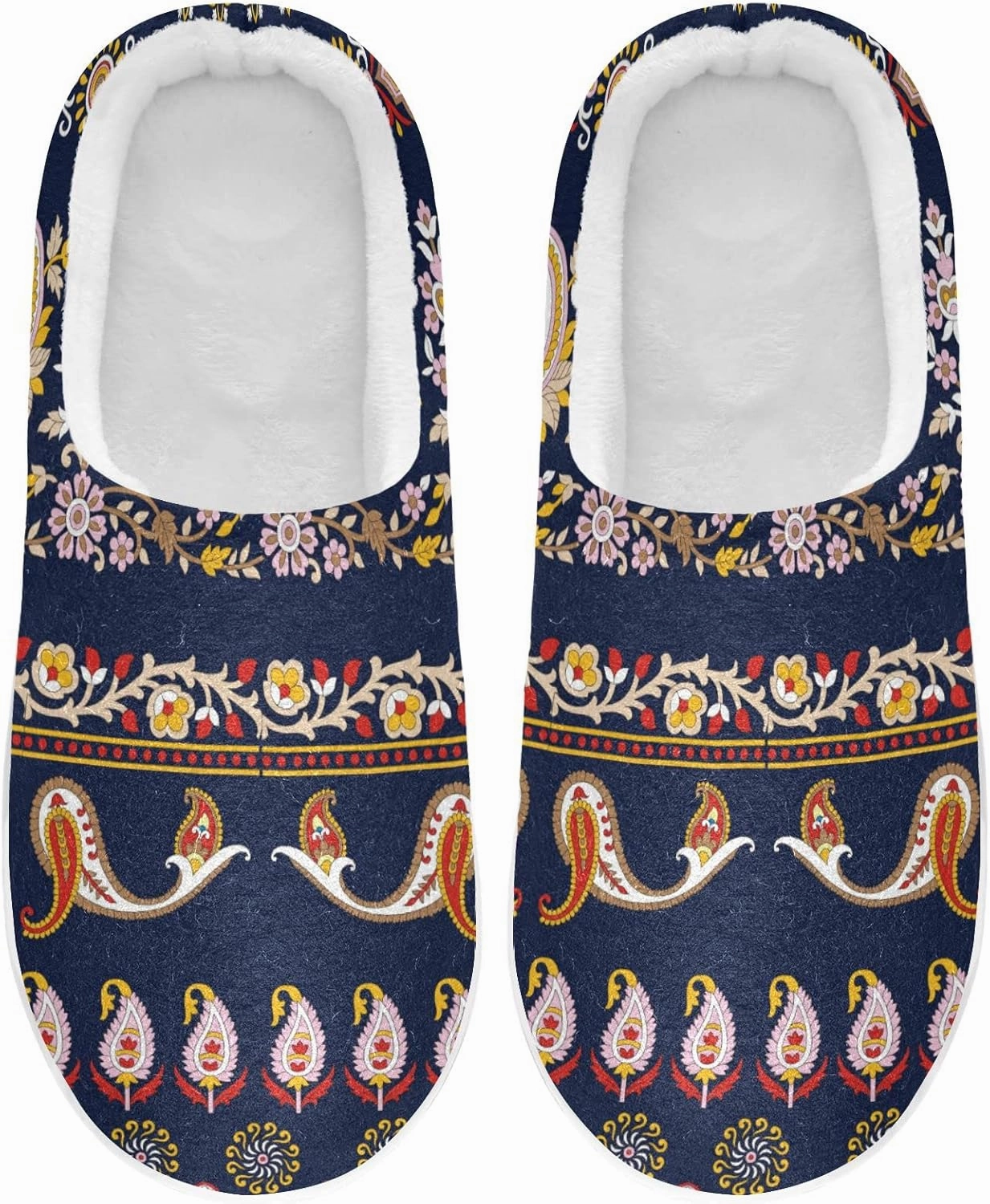 linqin Allover Geometrical Border Paisley Pattern Womens Mens Cozy Fuzzy Slippers, Soft Warm Lightweight Memory Foam Anti-Slip House Indoor Outdoor Slippers