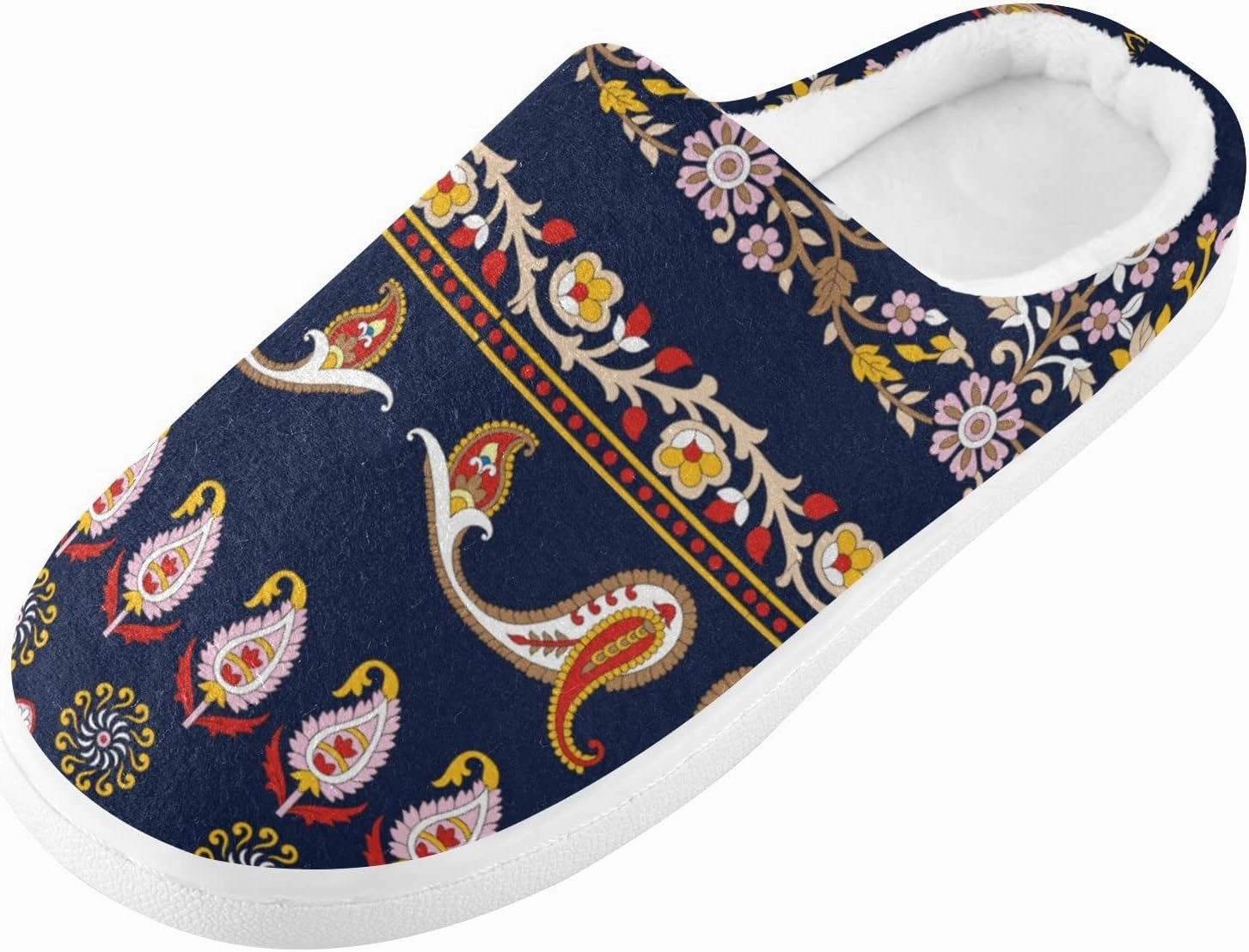 linqin Allover Geometrical Border Paisley Pattern Womens Mens Cozy Fuzzy Slippers, Soft Warm Lightweight Memory Foam Anti-Slip House Indoor Outdoor Slippers