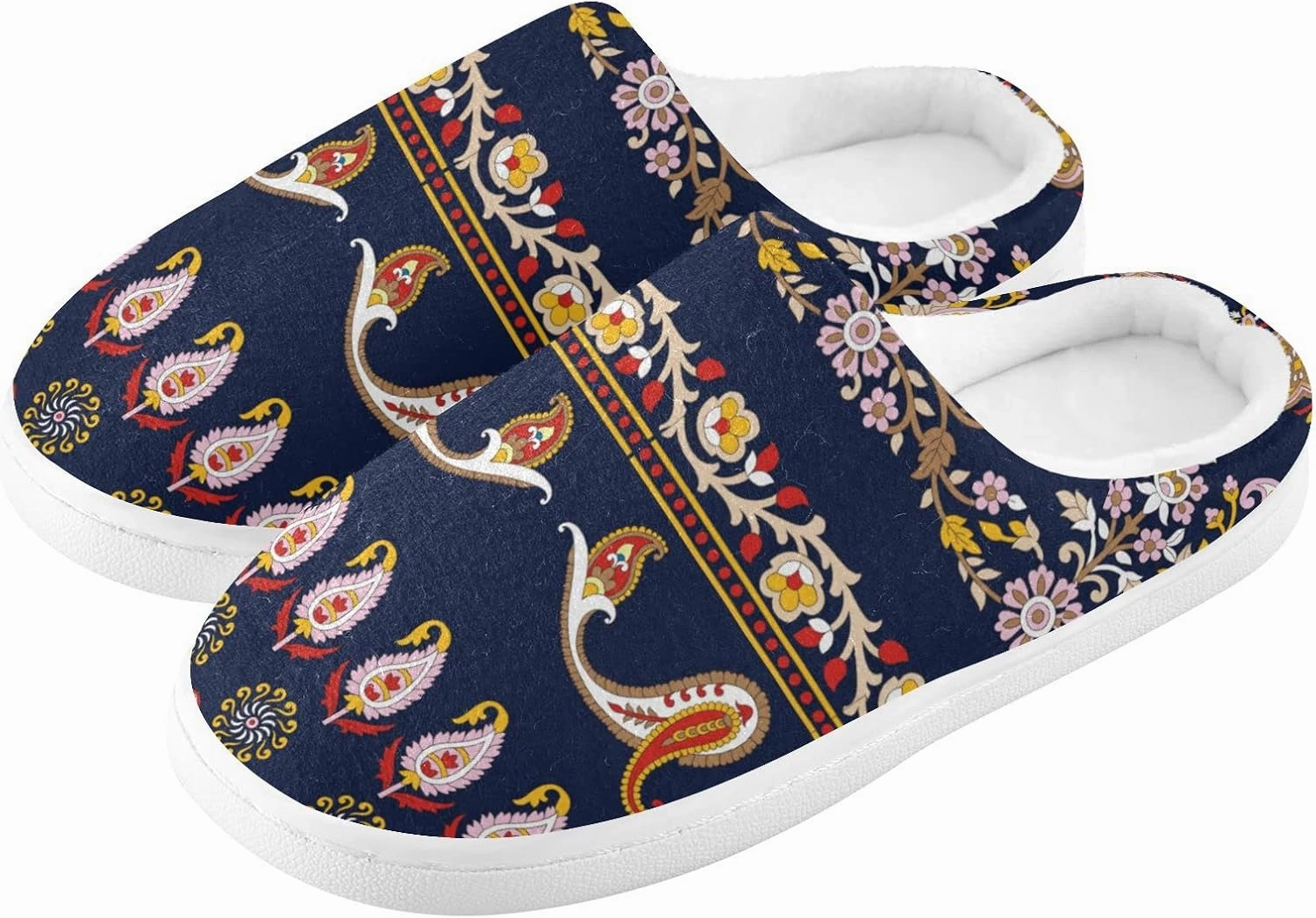 linqin Allover Geometrical Border Paisley Pattern Womens Mens Cozy Fuzzy Slippers, Soft Warm Lightweight Memory Foam Anti-Slip House Indoor Outdoor Slippers