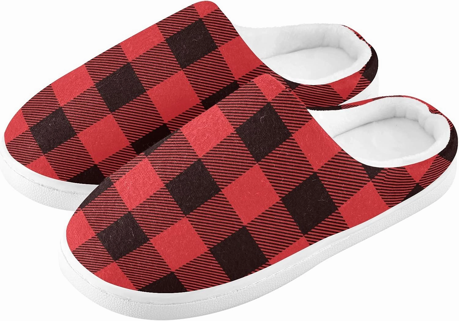 linqin Buffalo Plaid Red Black Womens Mens Cozy Fuzzy Slippers, Soft Warm Lightweight Memory Foam Anti-Slip House Indoor Outdoor Slippers