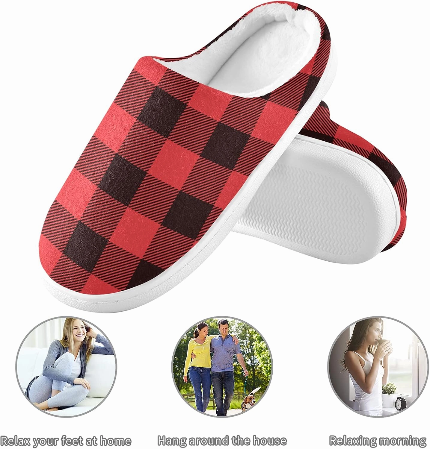 linqin Buffalo Plaid Red Black Womens Mens Cozy Fuzzy Slippers, Soft Warm Lightweight Memory Foam Anti-Slip House Indoor Outdoor Slippers