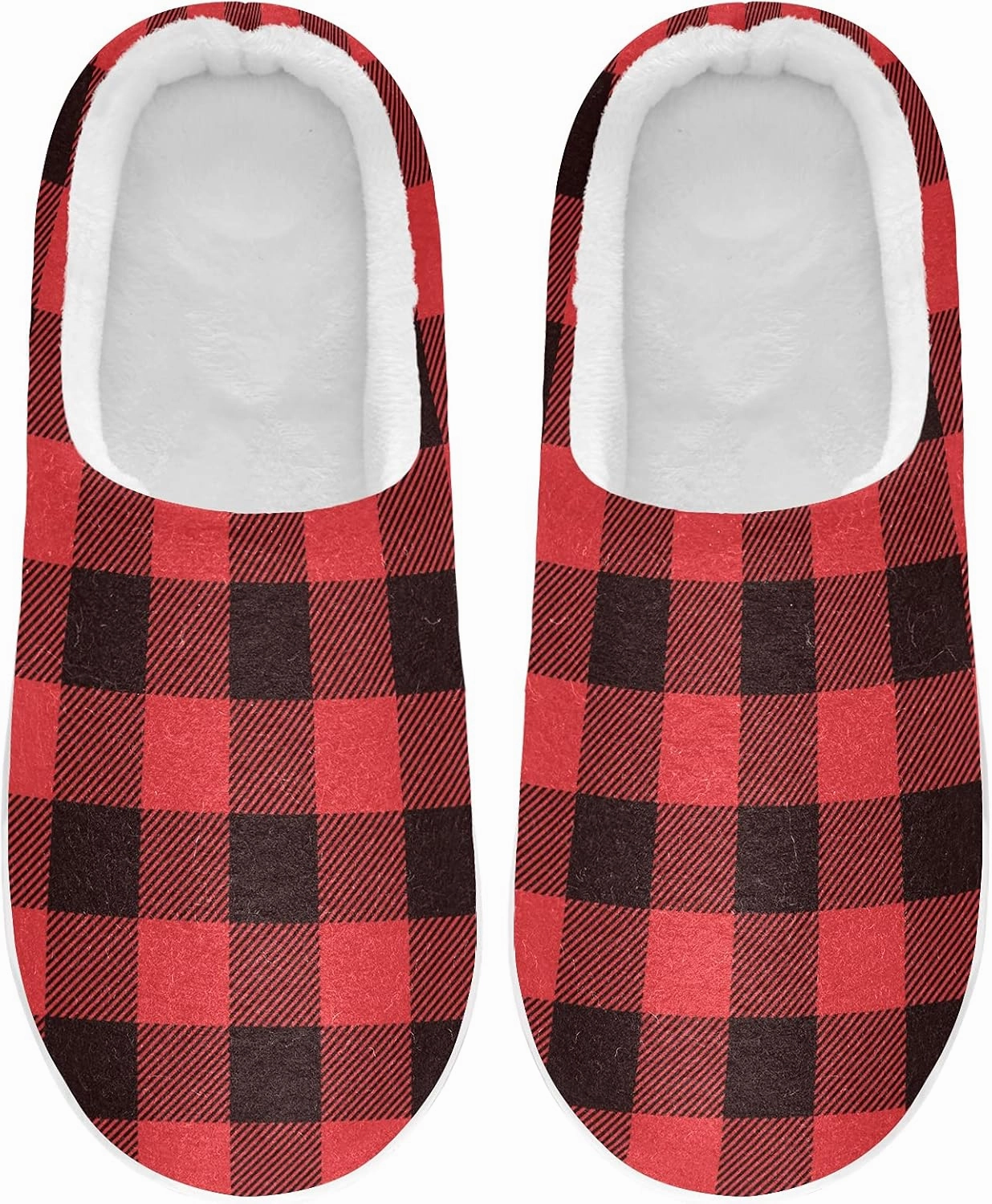 linqin Buffalo Plaid Red Black Womens Mens Cozy Fuzzy Slippers, Soft Warm Lightweight Memory Foam Anti-Slip House Indoor Outdoor Slippers