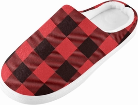 linqin Buffalo Plaid Red Black Womens Mens Cozy Fuzzy Slippers, Soft Warm Lightweight Memory Foam Anti-Slip House Indoor Outdoor Slippers