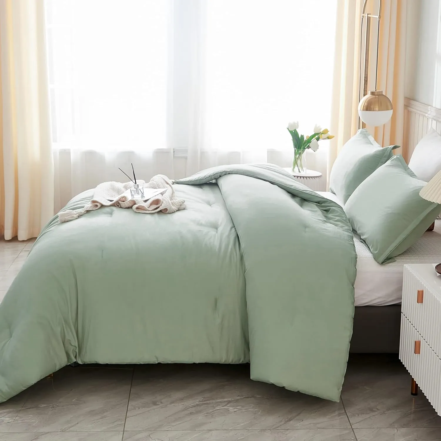 Litanika King Size Comforter Set Sage Green, 3 Pieces Lightweight Solid Comforter King Size, All Season Fluffy Down Alternative Comforter Bed Set Quilt Blanket