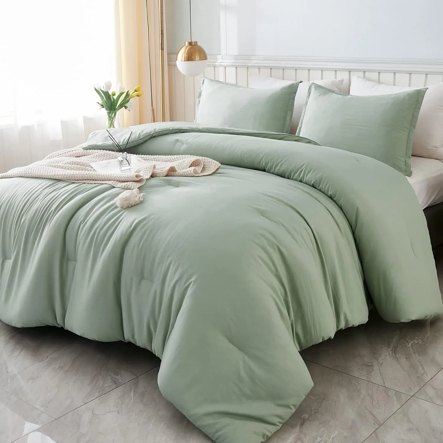 Litanika King Size Comforter Set Sage Green, 3 Pieces Lightweight Solid Comforter King Size, All Season Fluffy Down Alternative Comforter Bed Set Quilt Blanket