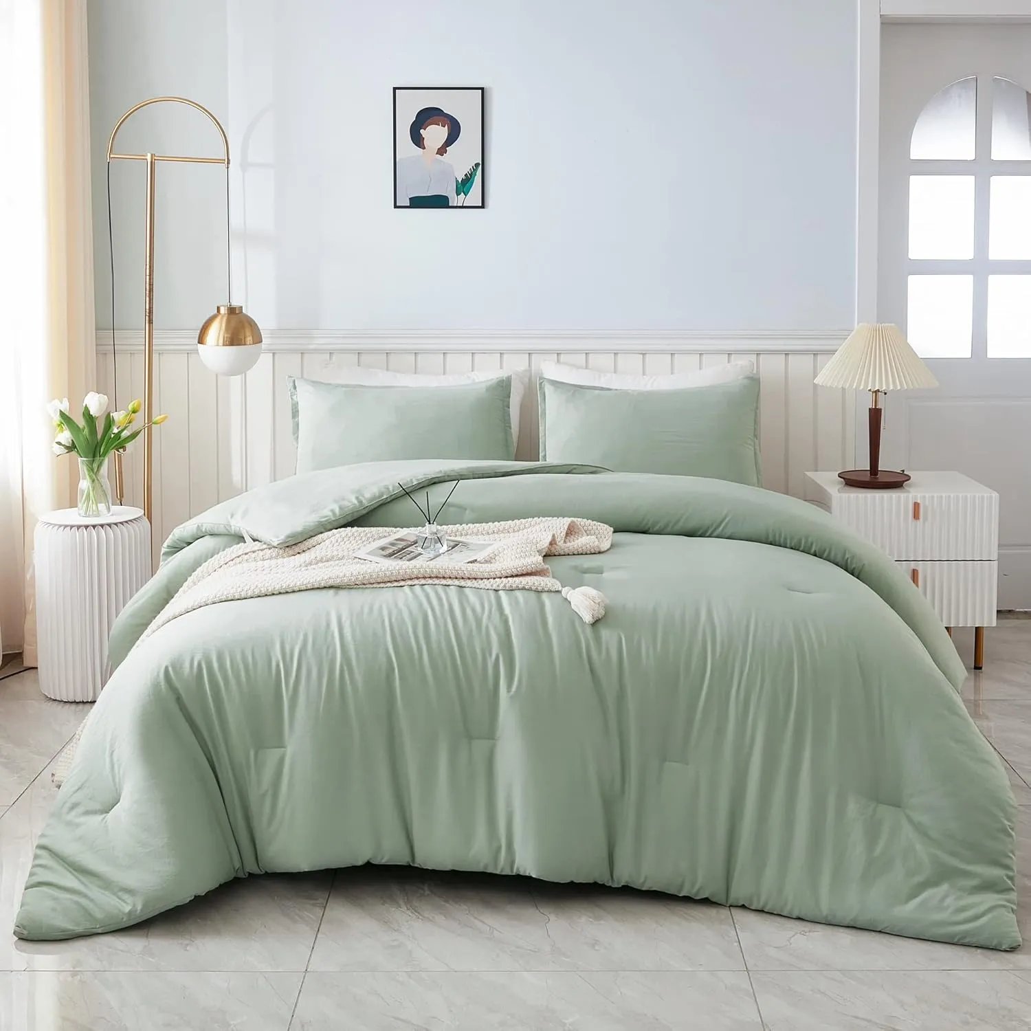 Litanika King Size Comforter Set Sage Green, 3 Pieces Lightweight Solid Comforter King Size, All Season Fluffy Down Alternative Comforter Bed Set Quilt Blanket
