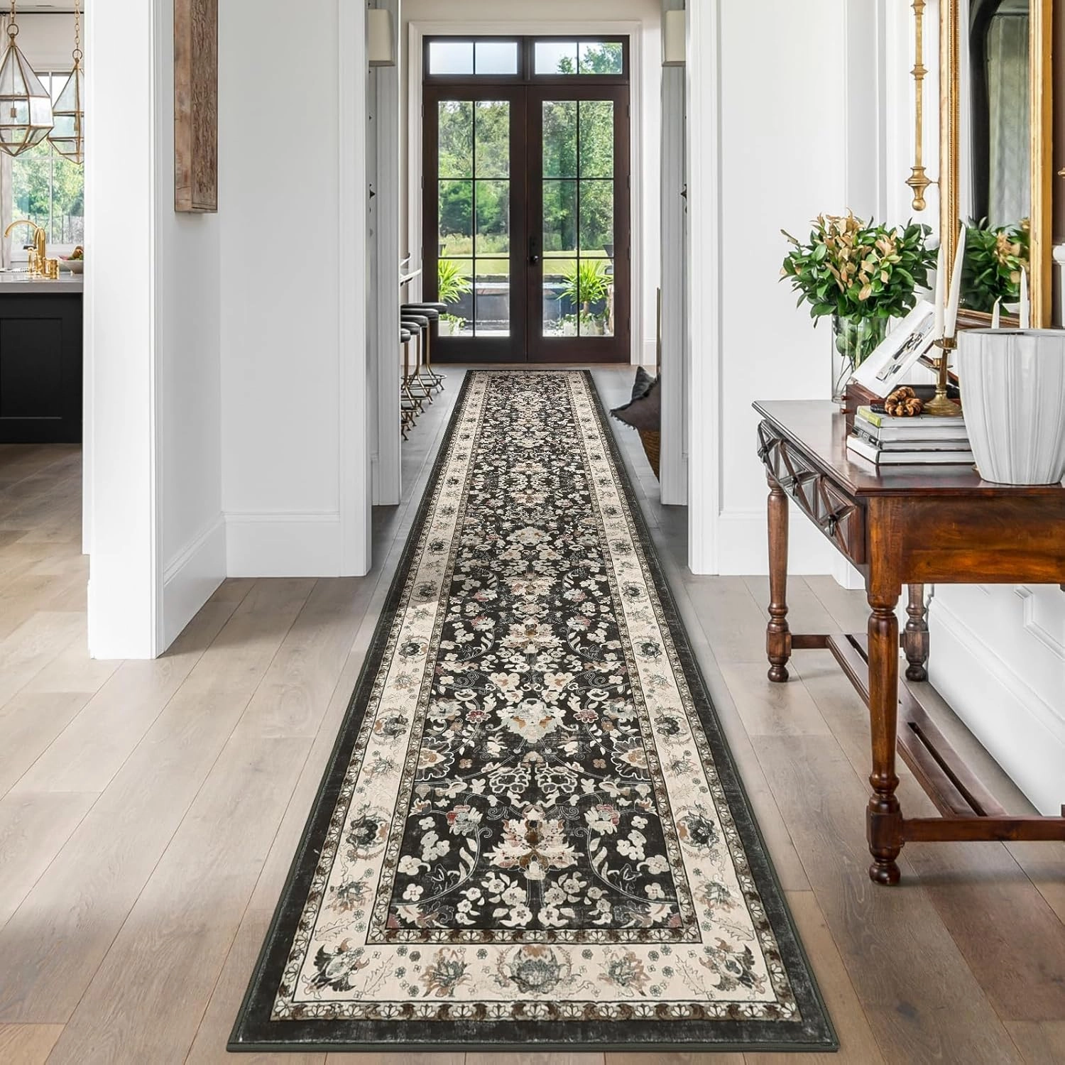 LOKHOM Washable Runner Rug, 2x10 Non-Slip Vintage Farmhouse Hallway Runner Rug with Rubber Backing, Boho Soft Faux Wool Kitchen Rug Carpet Runner for Kitchen Laundry Entryway Bedroom (Black)