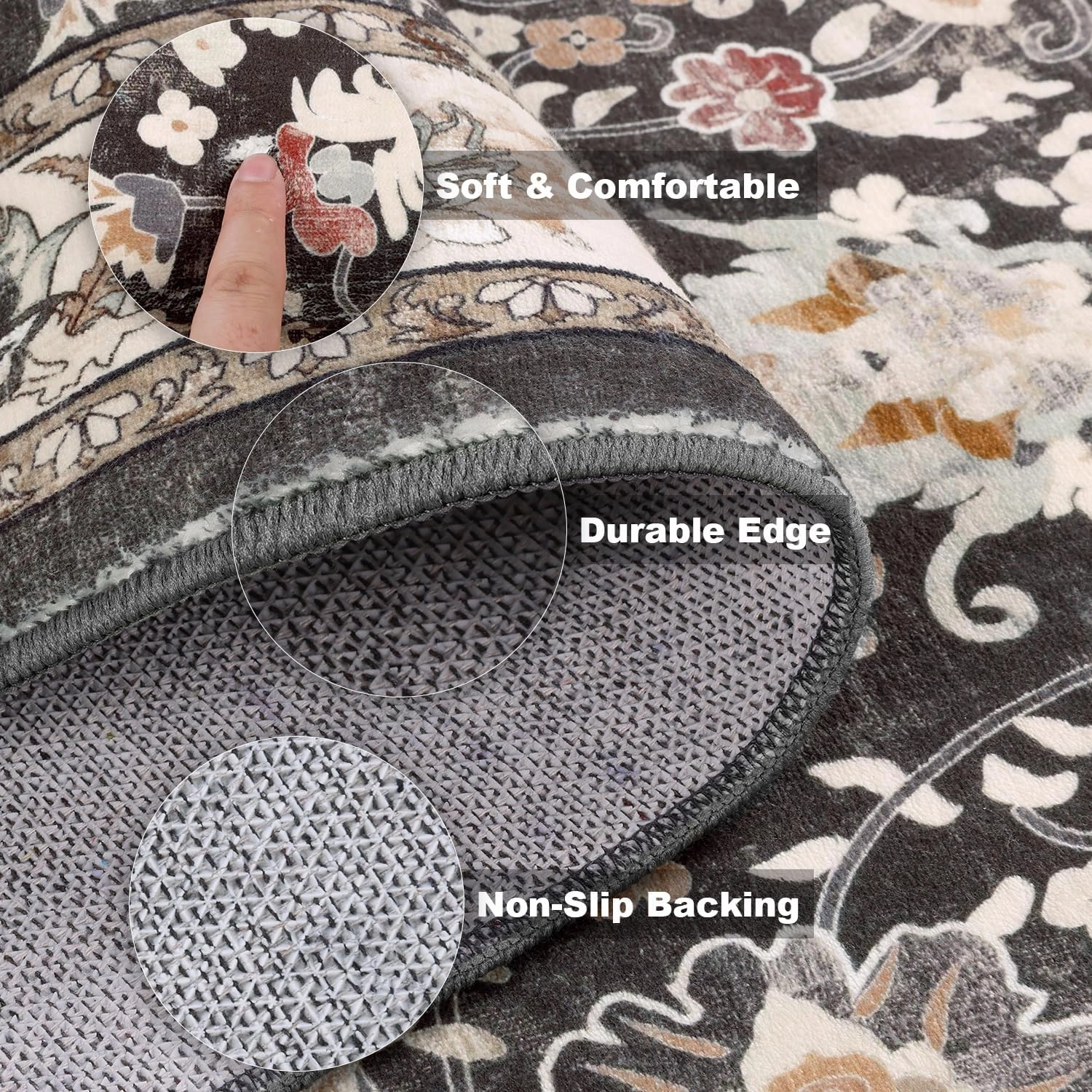 LOKHOM Washable Runner Rug, 2x10 Non-Slip Vintage Farmhouse Hallway Runner Rug with Rubber Backing, Boho Soft Faux Wool Kitchen Rug Carpet Runner for Kitchen Laundry Entryway Bedroom (Black)