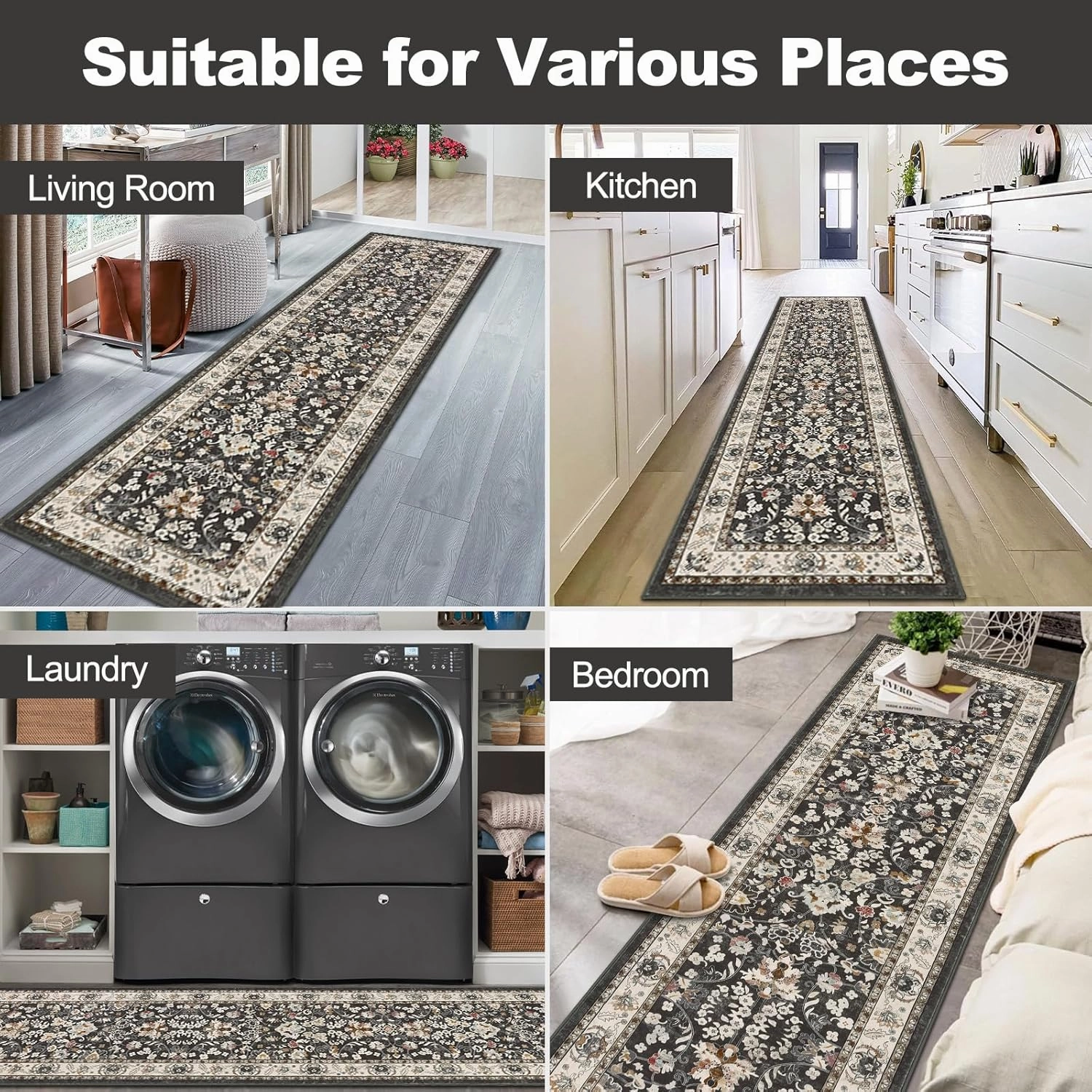 LOKHOM Washable Runner Rug, 2x10 Non-Slip Vintage Farmhouse Hallway Runner Rug with Rubber Backing, Boho Soft Faux Wool Kitchen Rug Carpet Runner for Kitchen Laundry Entryway Bedroom (Black)